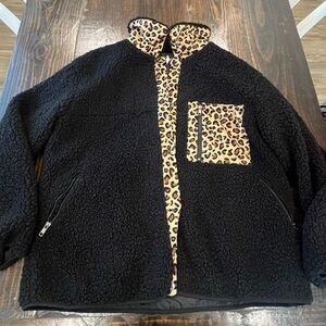 Black Sherpa Jacket with Leopard Print